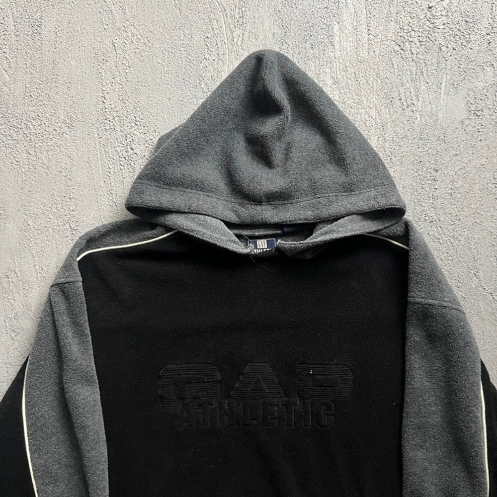 Vintage Gap Hoodie Mens Large Black 1990s Fleece Athletic Logo Pullover - Picture 2 of 10